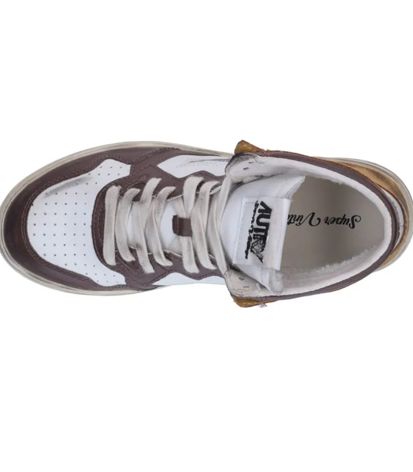 Baskets Super Vintage Mid Cuir White Brown Honey