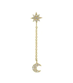 Boucle D'Oreille Pendante Etoile Et Lune A Diamants