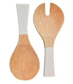 Grands Couvert De Service En Bois De Manguier Et Email Blanc