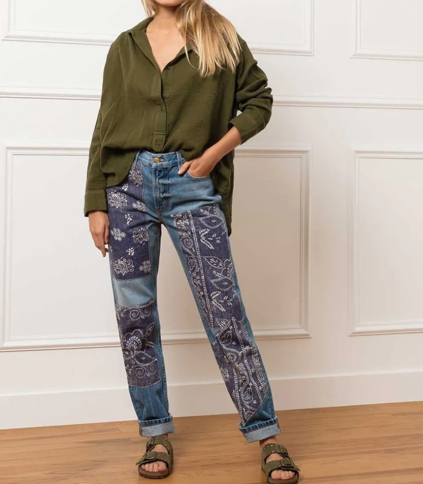 Jean Straight All-Over Floral Patchwork
