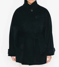 Manteau Court Ceinture Carter En Laine Noir/Bleu