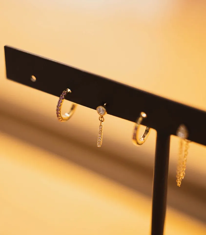 Mini Creole Or Jaune, Semi Pavee Saphirs Roses