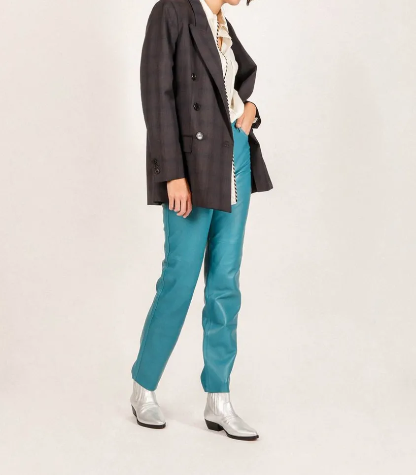Pantalon En Cuir Bleu Turquoise