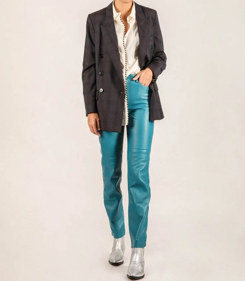 Pantalon En Cuir Bleu Turquoise