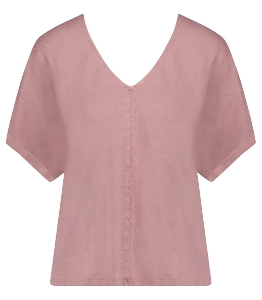 Tee-Shirt Col V Manches Courtes En Lin Bois De Rose
