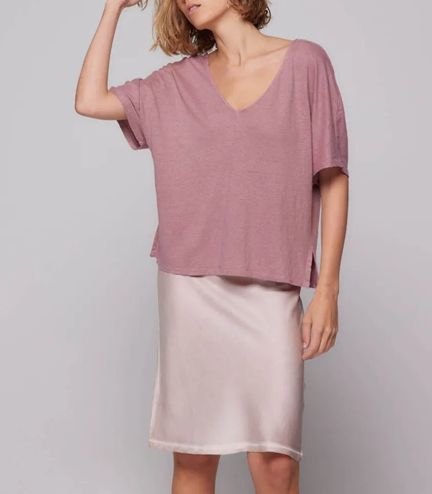 Tee-Shirt Col V Manches Courtes En Lin Bois De Rose