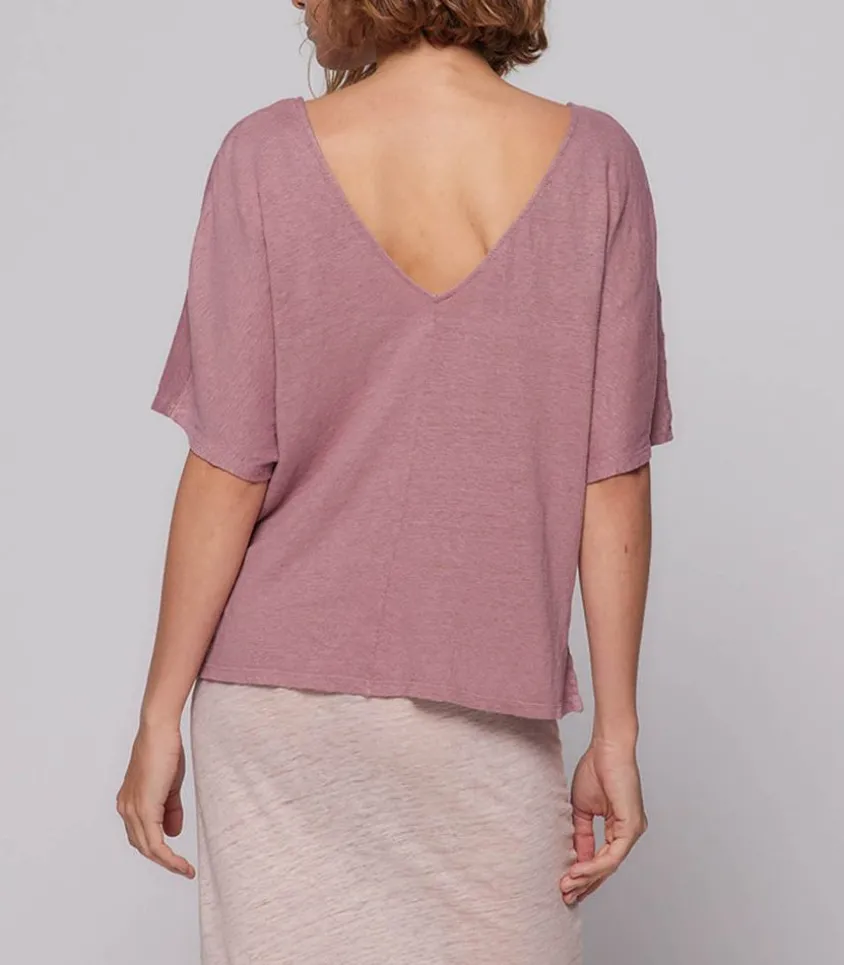 Tee-Shirt Col V Manches Courtes En Lin Bois De Rose