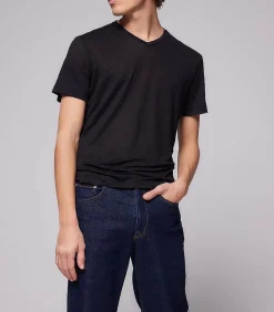 Tee-Shirt Homme Col V Manches Courtes Lin Noir