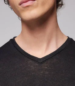 Tee-Shirt Homme Col V Manches Courtes Lin Noir
