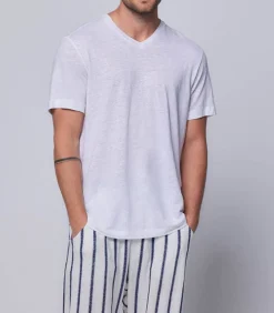 Tee-Shirt Homme Col V Manches Courtes Lin Blanc