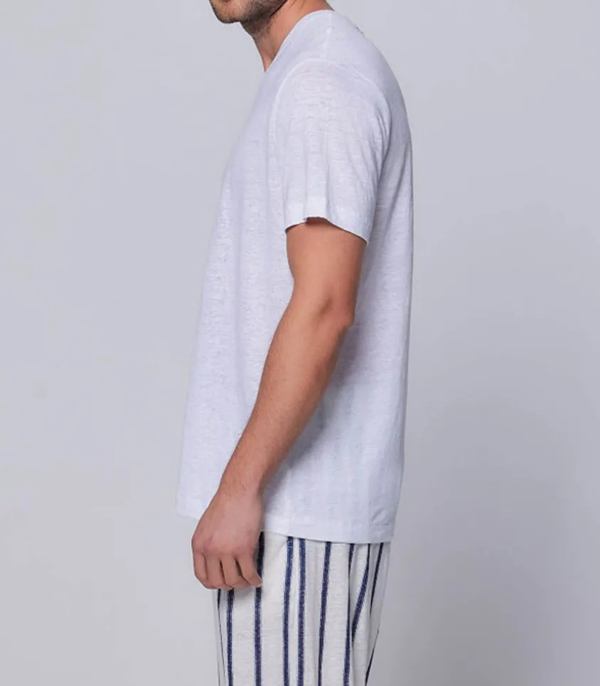 Tee-Shirt Homme Col V Manches Courtes Lin Blanc